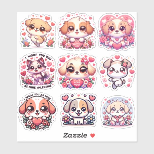 Adorable Hund Kawaii Valentine's Day Stickers Aufkleber (Blatt)