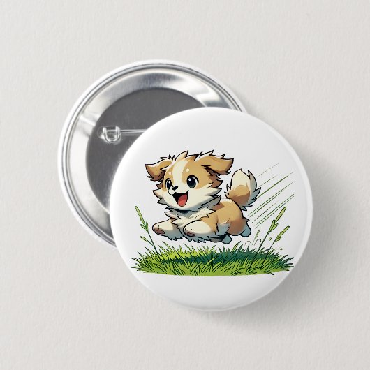 Adorable Hund läuft fröhlich Button (Vorne & Hinten)