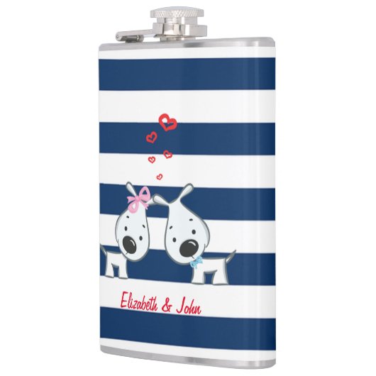 Adorable Hunde in Liebe auf gestreiftem Personalis Flachmann (Links)