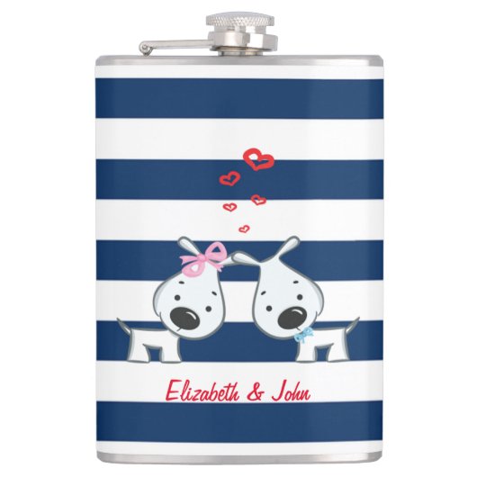 Adorable Hunde in Liebe auf gestreiftem Personalis Flachmann (Vorderseite)