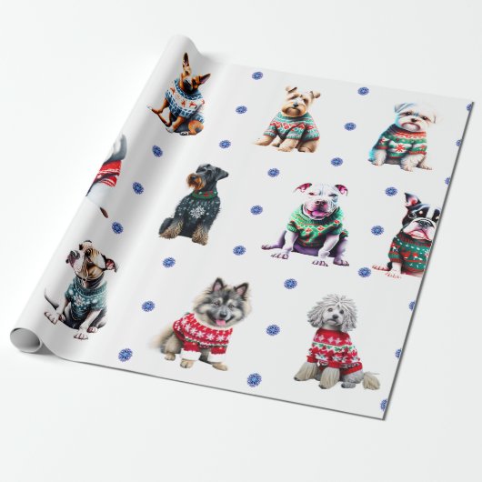 Adorable Hunde in Ugly Christmas Sweaters on White Geschenkpapier (Ungerollt)