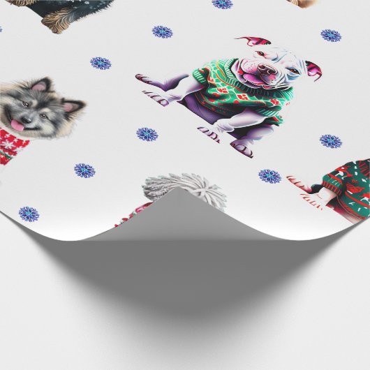 Adorable Hunde in Ugly Christmas Sweaters on White Geschenkpapier (Ecke)