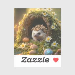 Adorable Igel in Mossy Log Zuhause mit Blume Aufkleber