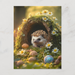 Adorable Igel in Mossy Log Zuhause mit Blume Feiertagspostkarte