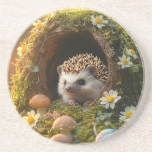 Adorable Igel in Mossy Log Zuhause mit Blume Getränkeuntersetzer