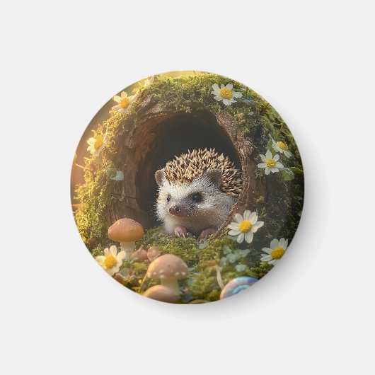 Adorable Igel in Mossy Log Zuhause mit Blume Magnet (Vorne)