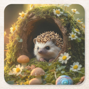 Adorable Igel in Mossy Log Zuhause mit Blume Rechteckiger Pappuntersetzer