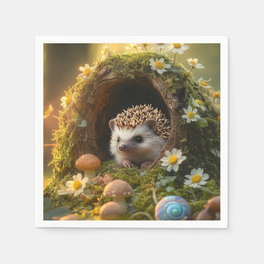 Adorable Igel in Mossy Log Zuhause mit Blume Serviette (Vorderseite)