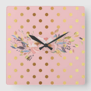 Adorable Imitate Gold Polka Dots Blume Quadratische Wanduhr