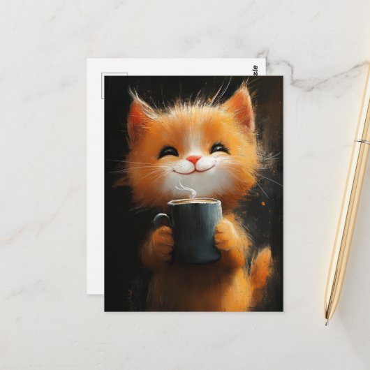 Adorable Ingwer Cat mit Kaffee Postkarte (Vorderseite/Rückseite Beispiel)