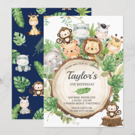 Adorable Jungle Animals Grüne 1. Geburtstag Einladung