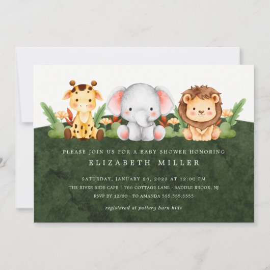Adorable Jungle Animals Kinderdusche Einladung (Vorderseite)