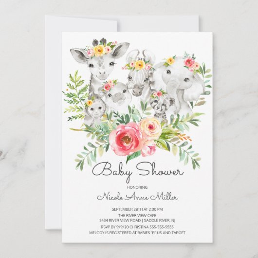 Adorable Jungle Animals Kinderdusche Einladung (Vorderseite)