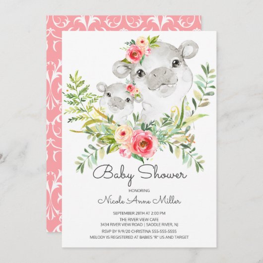 Adorable Jungle Hippo Kinderdusche Einladung (Vorne/Hinten)