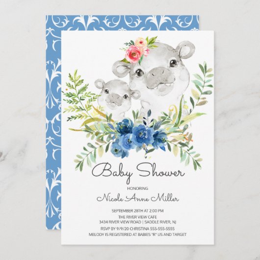 Adorable Jungle Hippo Kinderdusche Einladung (Vorne/Hinten)