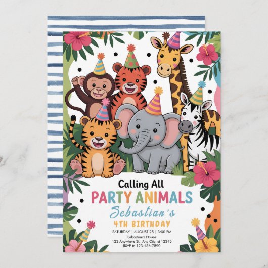 Adorable Jungle Party Animals Birthday Einladung (Vorne/Hinten)