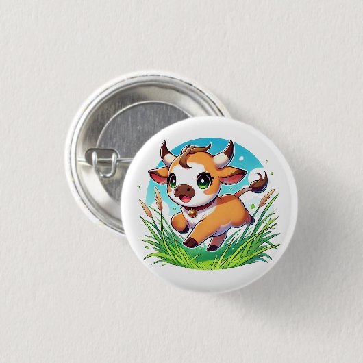 Adorable Kälber, die fröhlich durch ein Feld laufe Button (Vorne & Hinten)