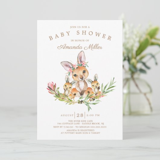 Adorable Kangaroo Mama & Babies Twins Kinderdusche Einladung (Stehend Vorderseite)