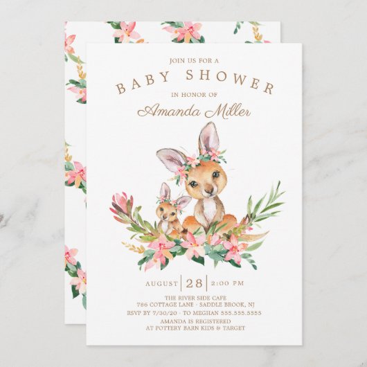 Adorable Kangaroo Mama & Baby Girls Babydusche Einladung (Vorne/Hinten)