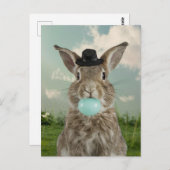 Adorable Kaninchen in Hut kauen Blue Bubble Gum Postkarte (Vorne/Hinten)