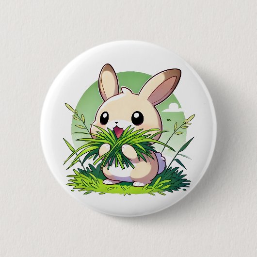 Adorable Kaninchen mit einem Haufen Gras Button (Vorderseite)