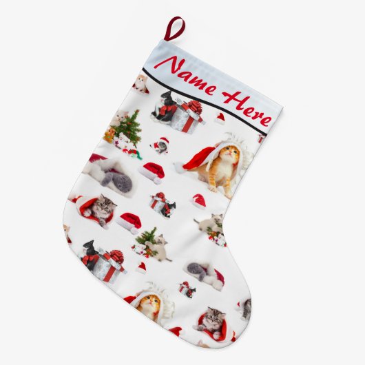 Adorable Kätzchen Weihnachten HINZUFÜGEN IHREN NAM Großer Weihnachtsstrumpf (Vorderansicht (hängend))