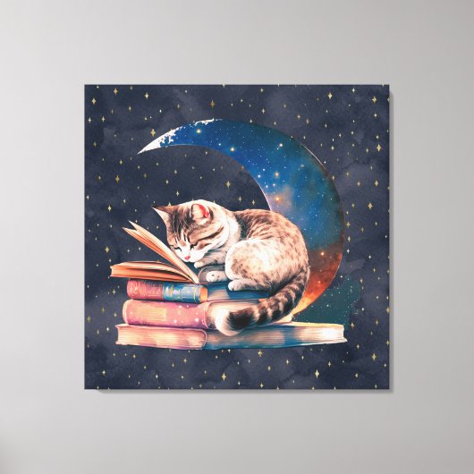 Adorable Katze auf dem Mond Lesen eines Buches Leinwanddruck (Vorderseite)