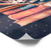 Adorable Katze auf dem Mond Lesen eines Buches Poster (Ecke)