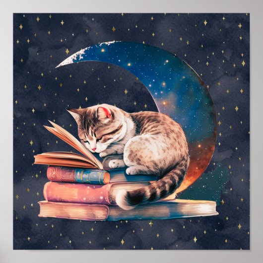 Adorable Katze auf dem Mond Lesen eines Buches Poster (Vorne)