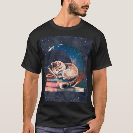 Adorable Katze auf dem Mond Lesen eines Buches T-Shirt (Vorderseite)