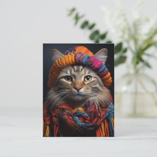 Adorable Katze in einem Scarf und Hut Postkarte (Stehend Vorderseite)
