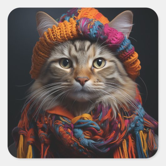 Adorable Katze in einem Scarf und Hut Quadratischer Aufkleber (Vorderseite)