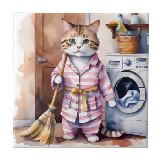 Adorable Katze in Pajamas Wäscherei Funny Fliese (Vorderseite)