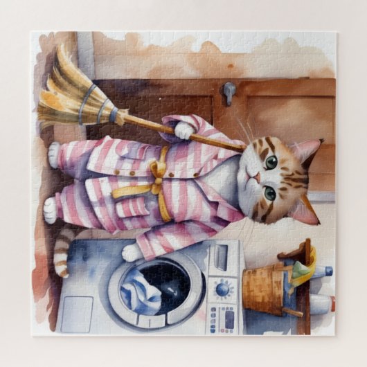Adorable Katze in Pajamas Wäscherei Funny Puzzle (Horizontal)