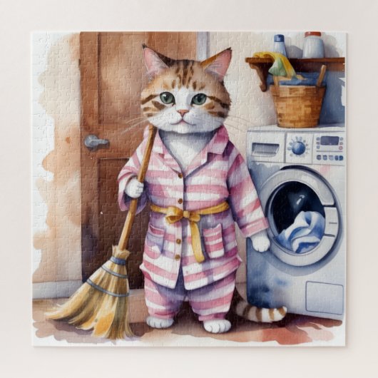 Adorable Katze in Pajamas Wäscherei Funny Puzzle (Vertikal)