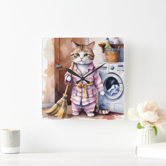 Adorable Katze in Pajamas Wäscherei Funny Quadratische Wanduhr (Zuhause)