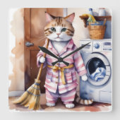 Adorable Katze in Pajamas Wäscherei Funny Quadratische Wanduhr (Vorderseite)
