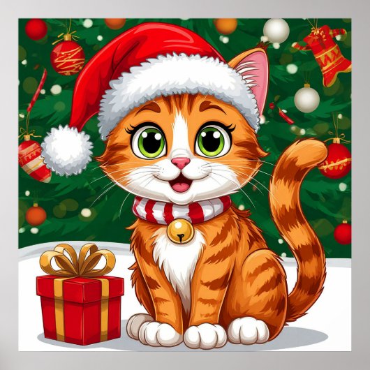 Adorable Katze in Weihnachtsmannmütze mit Geschenk Poster (Vorne)