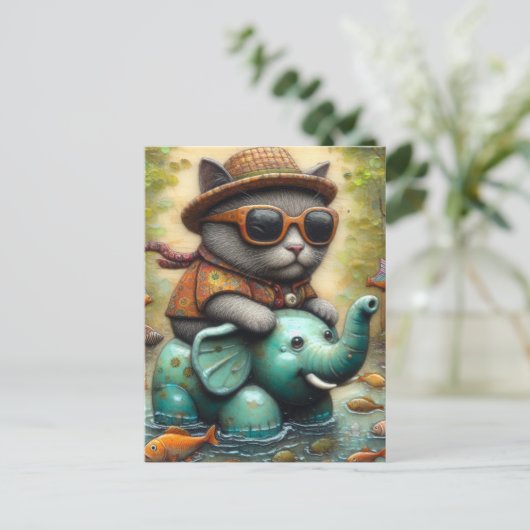 Adorable Katze mit auf Elefantenfloatie Postkarte (Stehend Vorderseite)