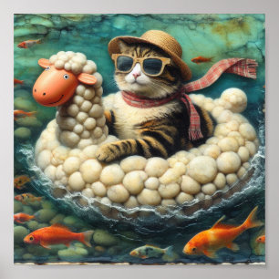 Adorable Katze mit auf Schafsfloatie Poster