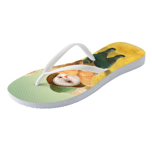 Adorable Katze mit Hen auf dem Bauernhof Badesandalen (Schrägansicht)