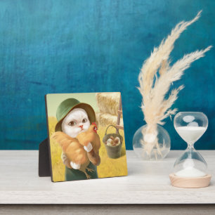 Adorable Katze mit Hen auf dem Bauernhof Fotoplatte