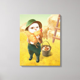 Adorable Katze mit Hen auf dem Bauernhof Leinwanddruck