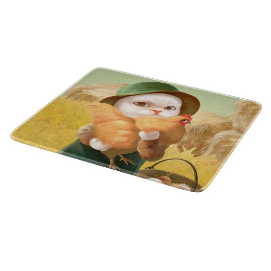 Adorable Katze mit Hen auf dem Bauernhof Schneidebrett (Ecke)