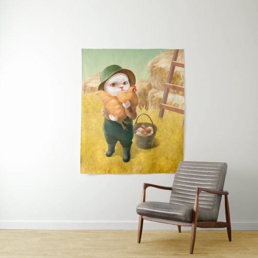 Adorable Katze mit Hen auf dem Bauernhof Wandteppich (Beispiel)