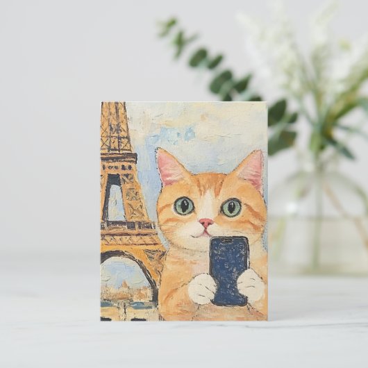Adorable Katze Selfie in Paris Postkarte (Stehend Vorderseite)