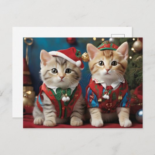 Adorable Katzen in Weihnachtsmannmützen Festlich Postkarte (Vorne/Hinten)