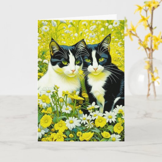 Adorable Katzen sitzen in Daisis Happy Birthday Karte (Gelbe Blume)