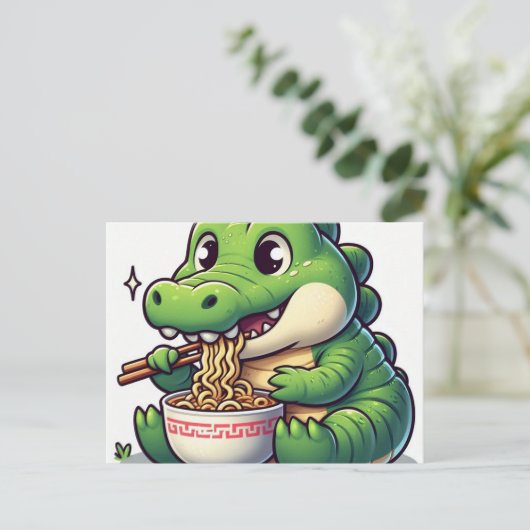 Adorable Kawaii Alligator Eating Ramen Postkarte (Stehend Vorderseite)
