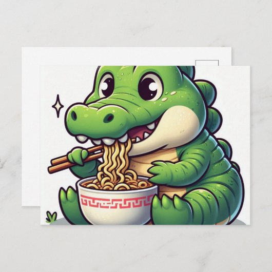 Adorable Kawaii Alligator Eating Ramen Postkarte (Vorne/Hinten)